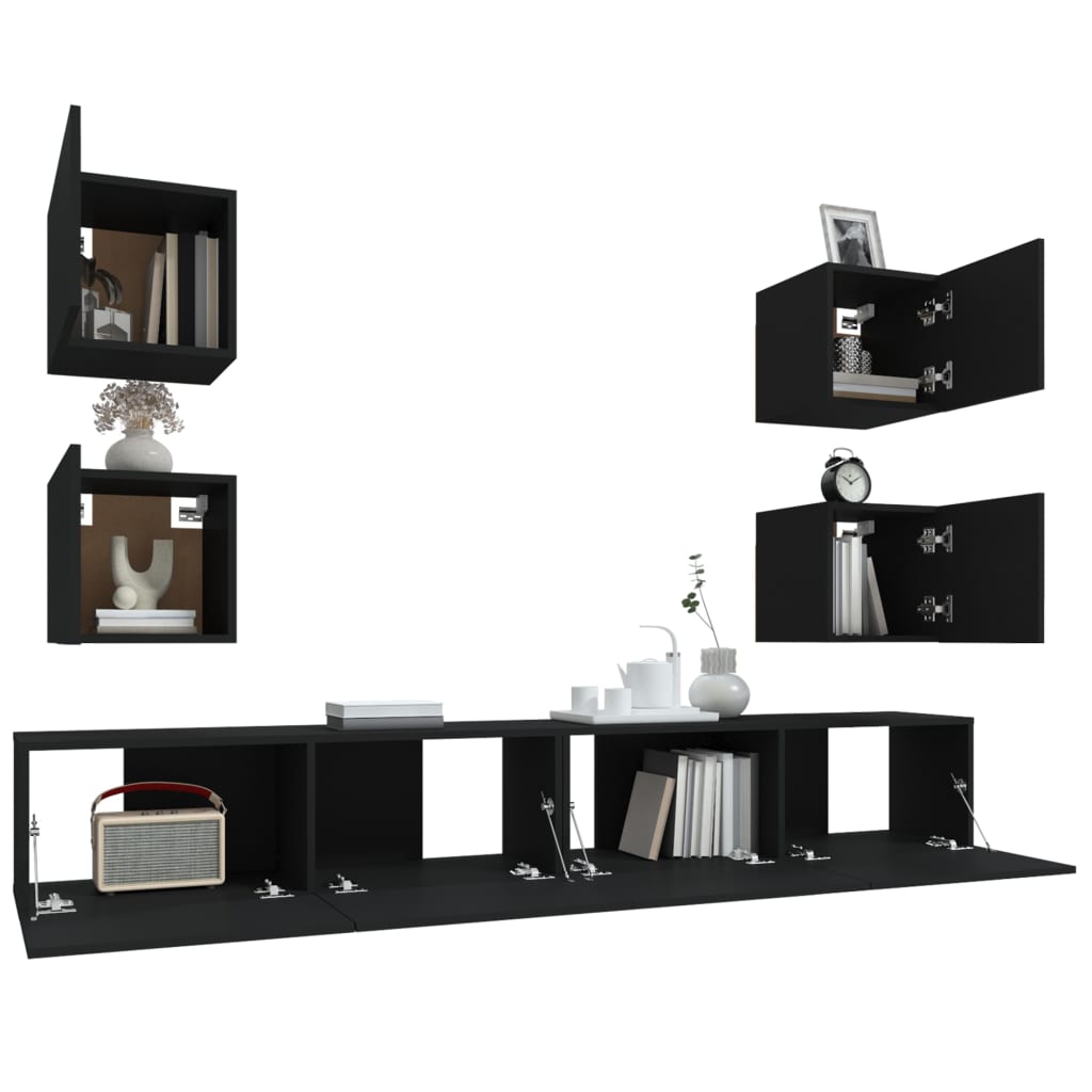 6 Piece TV Cabinet Set Black Engineered Wood