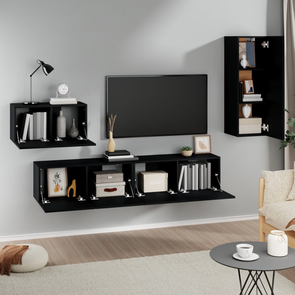 4 Piece TV Cabinet Set Black Engineered Wood