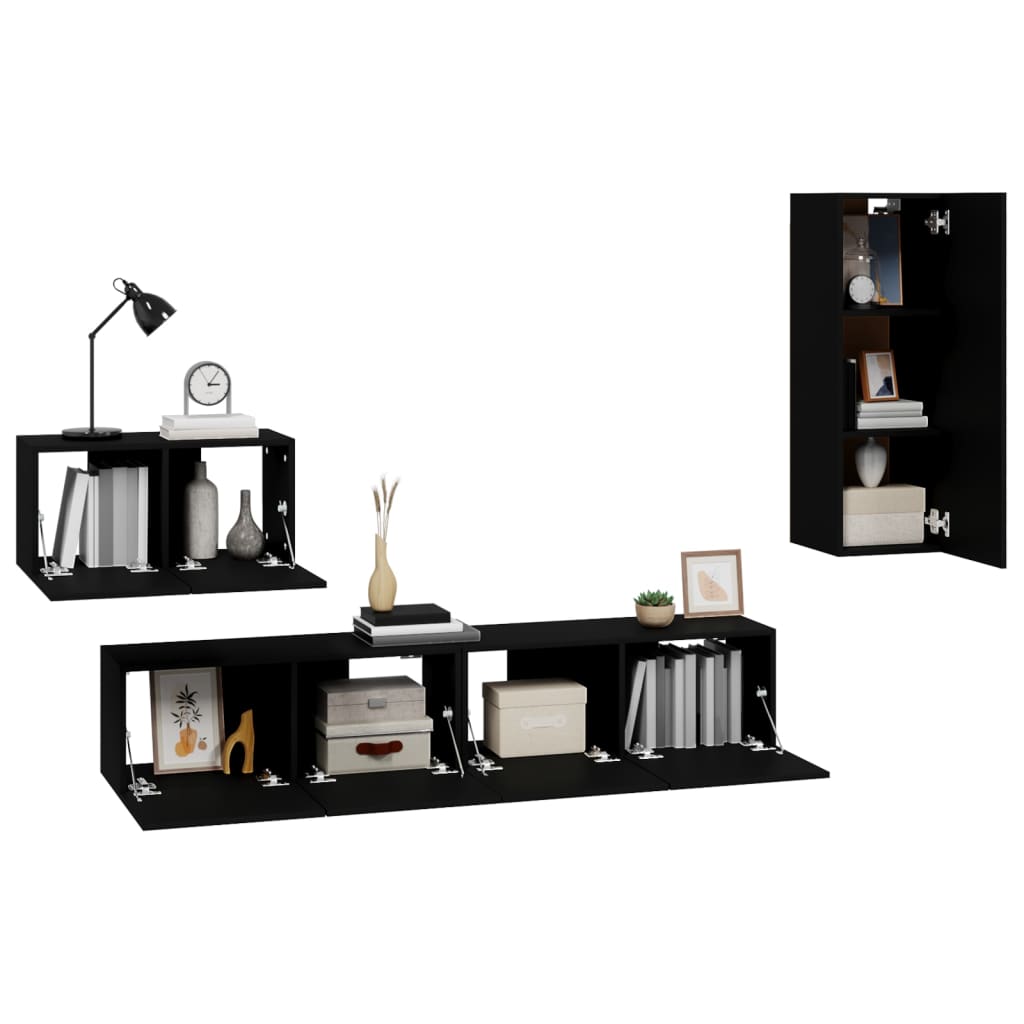 4 Piece TV Cabinet Set Black Engineered Wood