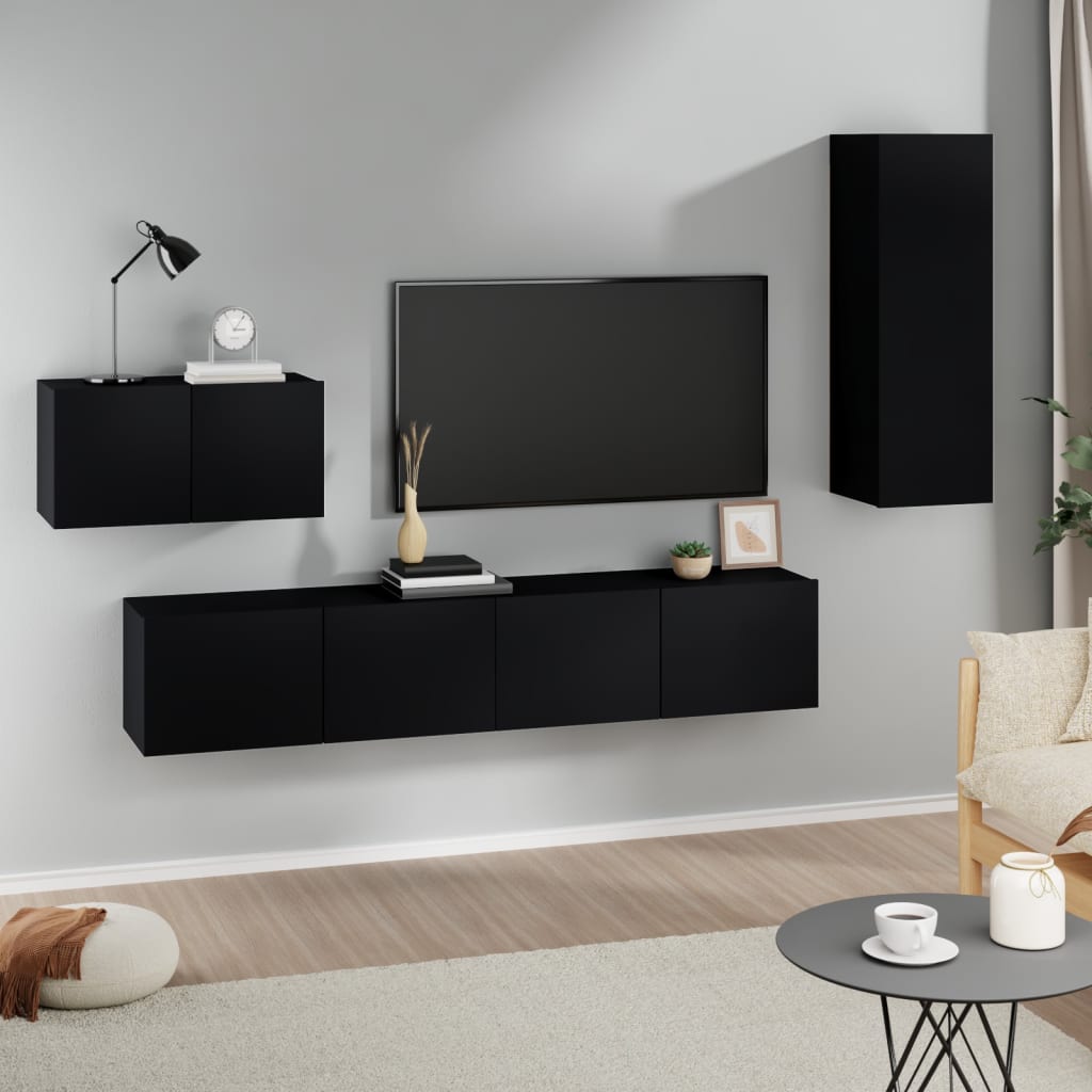 4 Piece TV Cabinet Set Black Engineered Wood