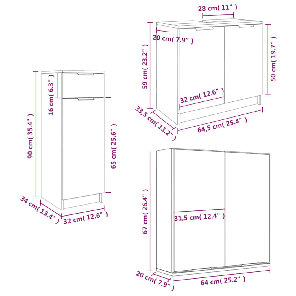 3 Piece Bathroom Cabinet Set Smoked Oak Engineered Wood