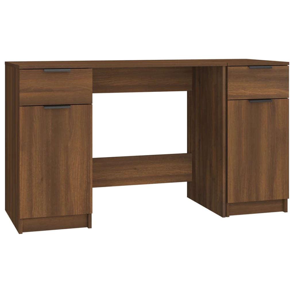 Brown Oak Desk with Side Cabinet - Engineered Wood Workspace