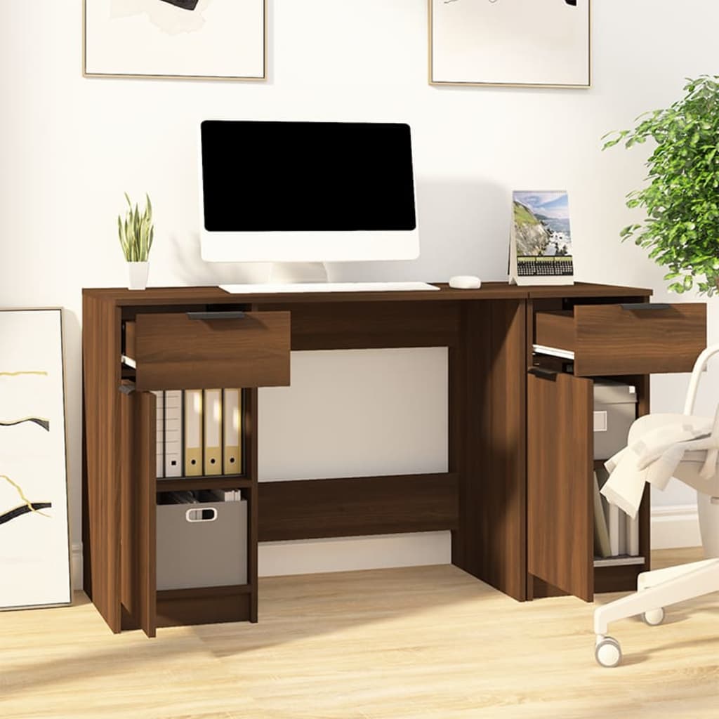 Brown Oak Desk with Side Cabinet - Engineered Wood Workspace