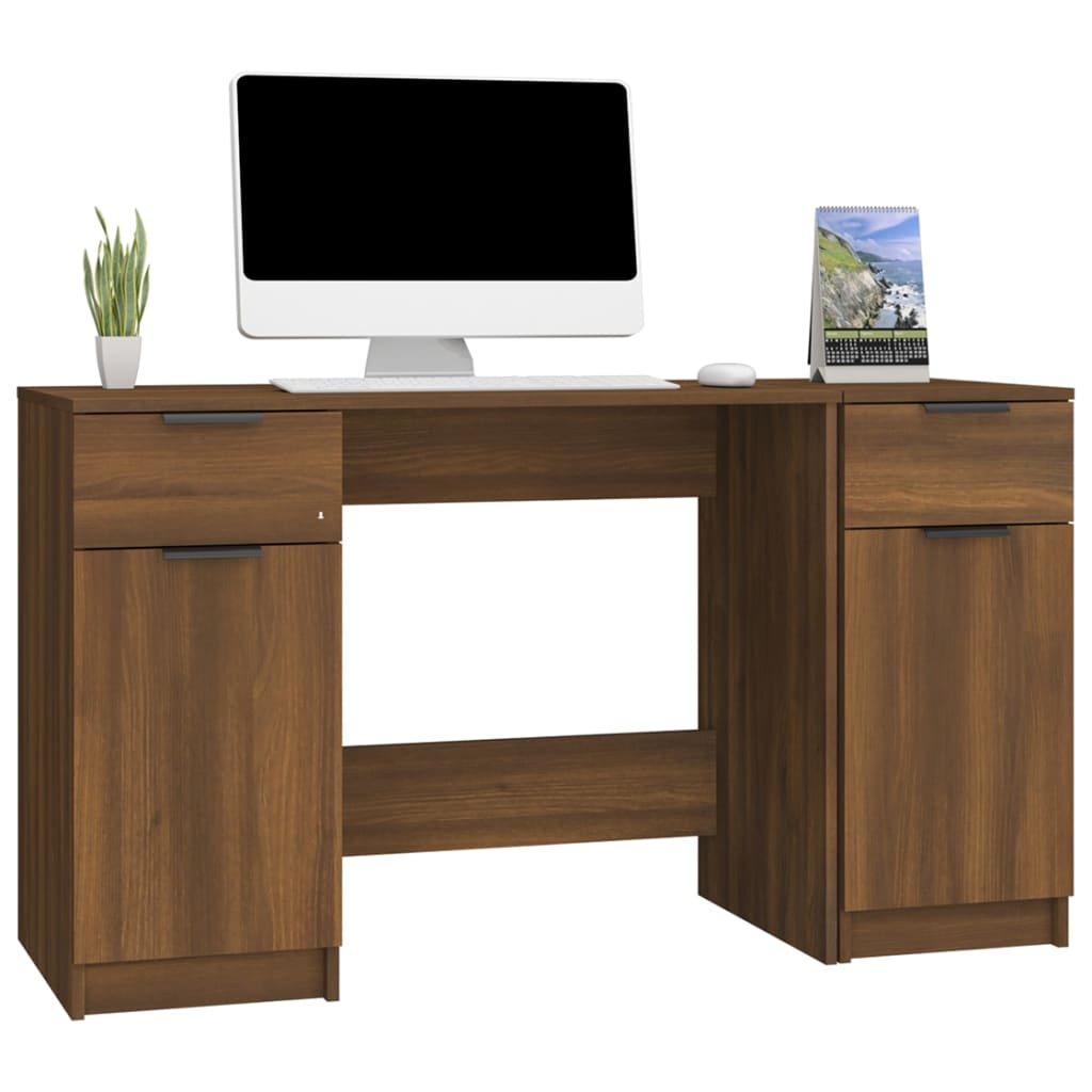 Brown Oak Desk with Side Cabinet - Engineered Wood Workspace
