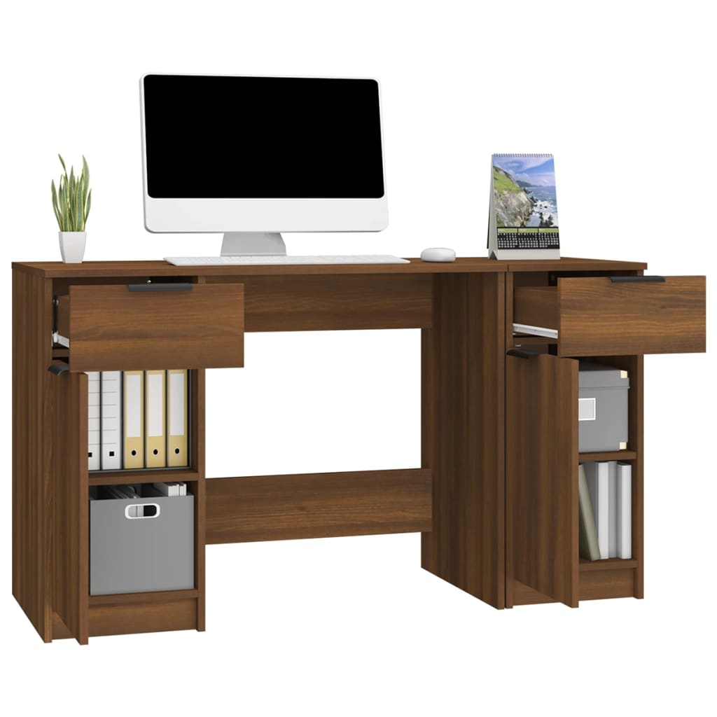 Brown Oak Desk with Side Cabinet - Engineered Wood Workspace