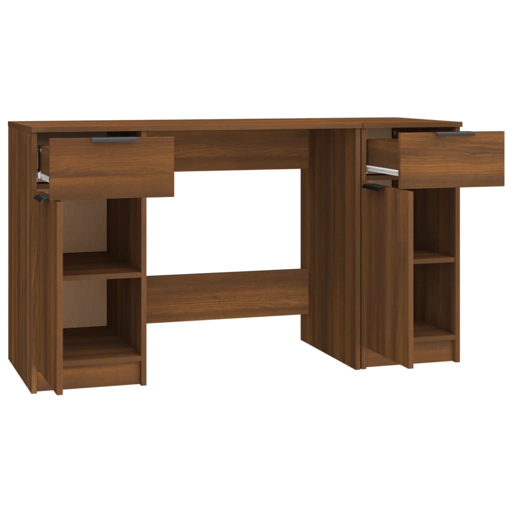 Brown Oak Desk with Side Cabinet - Engineered Wood Workspace