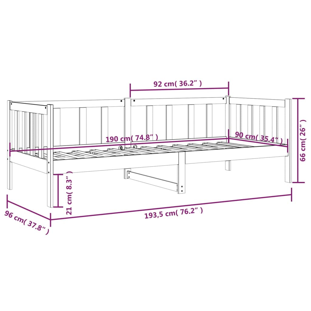 Solid Pine Black Day Bed Frame 90x190cm - No Mattress Included