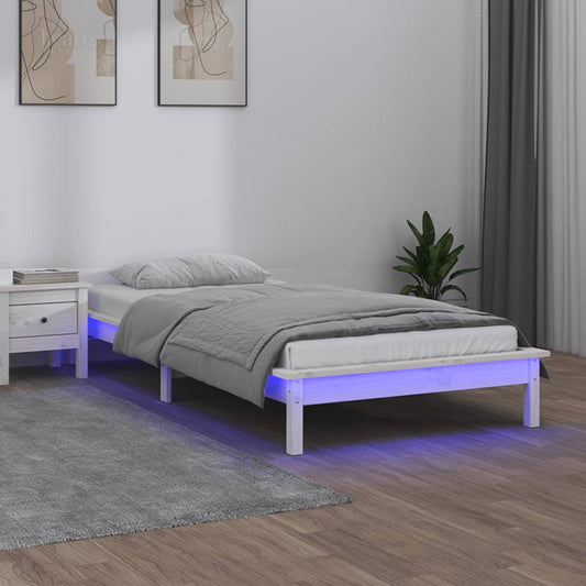 White Solid Wood LED Bed Frame 100x200 cm - Mattress Not Included