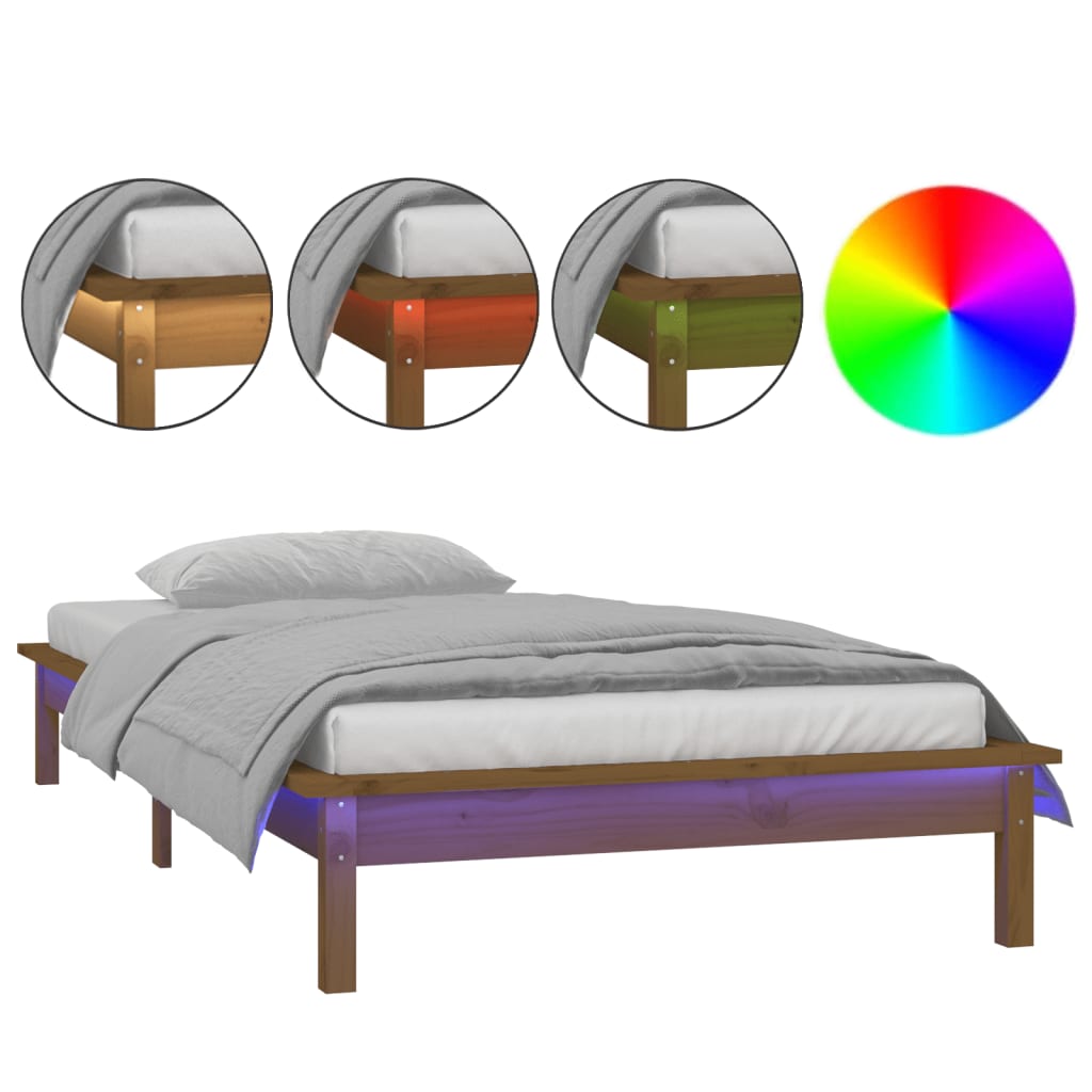 Solid Wood LED Bed Frame Honey Brown 100x200 cm (No Mattress)