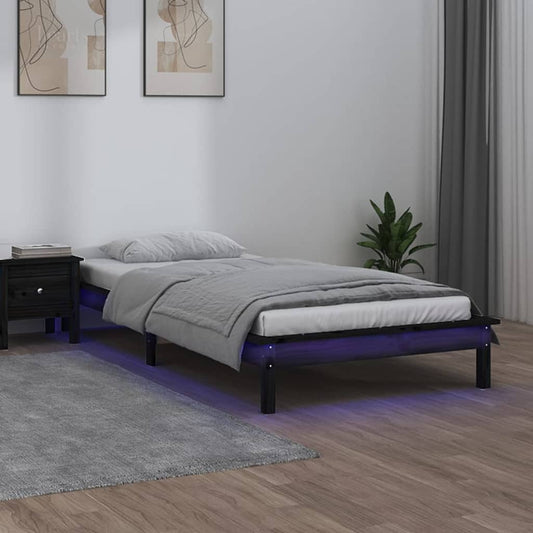 Black Solid Wood LED Bed Frame 100x200 cm - No Mattress Included