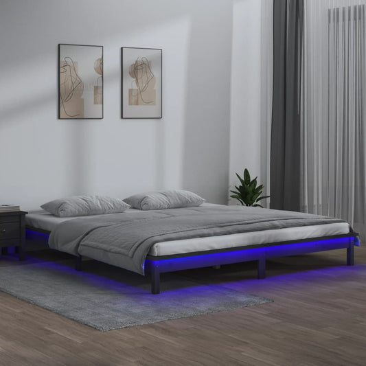 Solid Wood Grey LED Bed Frame 120x200 cm - No Mattress Included