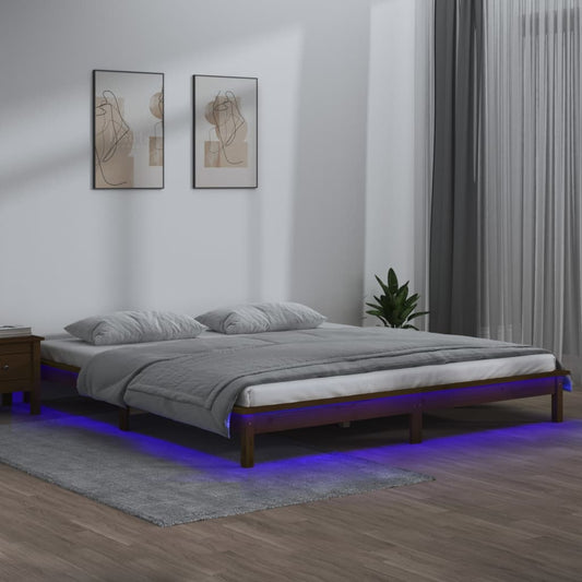 Solid Wood LED Bed Frame 140x200cm, Honey Brown Finish