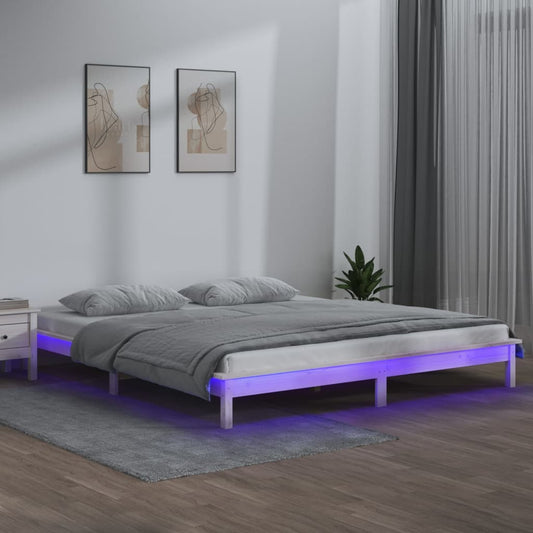 White Solid Wood LED Bed Frame 200x200 cm (Mattress Not Included)