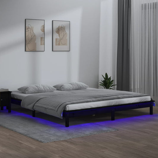 Solid Wood LED Bed Frame, Black, 200x200 cm - No Mattress Included
