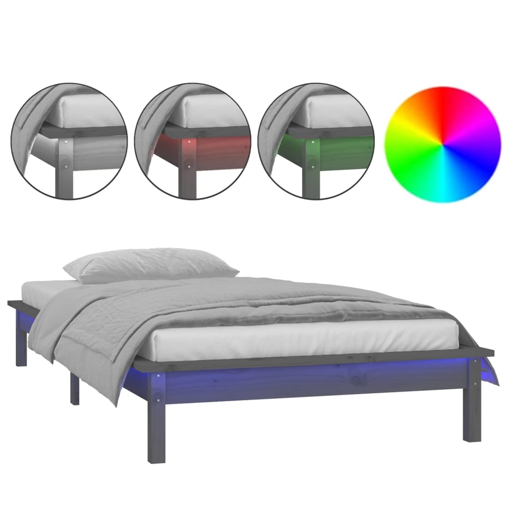 Grey LED Bed Frame, Solid Wood, Small Single 75x190 cm, No Mattress