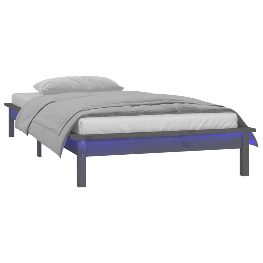 Grey LED Bed Frame, Solid Wood, Small Single 75x190 cm, No Mattress