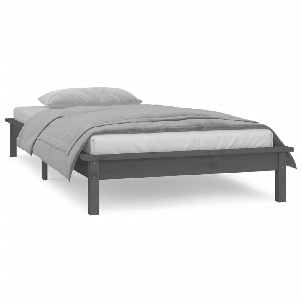 Grey LED Bed Frame, Solid Wood, Small Single 75x190 cm, No Mattress