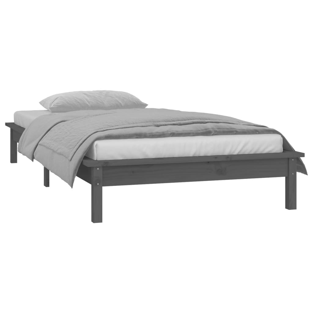 Grey LED Bed Frame, Solid Wood, Small Single 75x190 cm, No Mattress