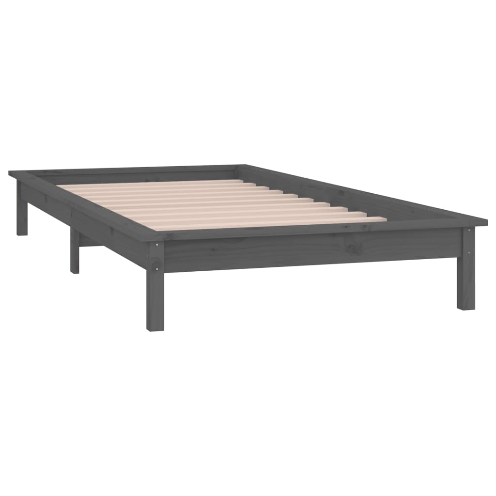 Grey LED Bed Frame, Solid Wood, Small Single 75x190 cm, No Mattress
