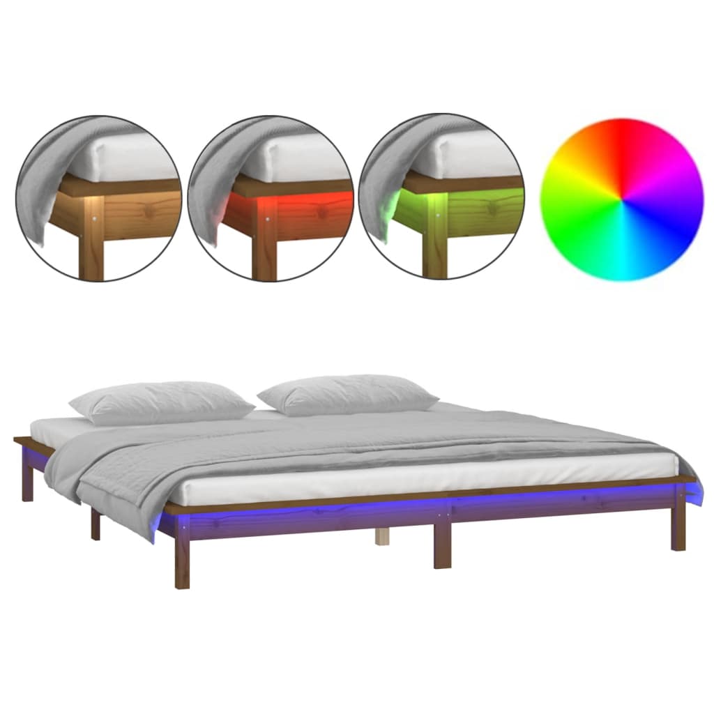 Honey Brown Solid Wood LED Bed Frame 120x190cm - No Mattress