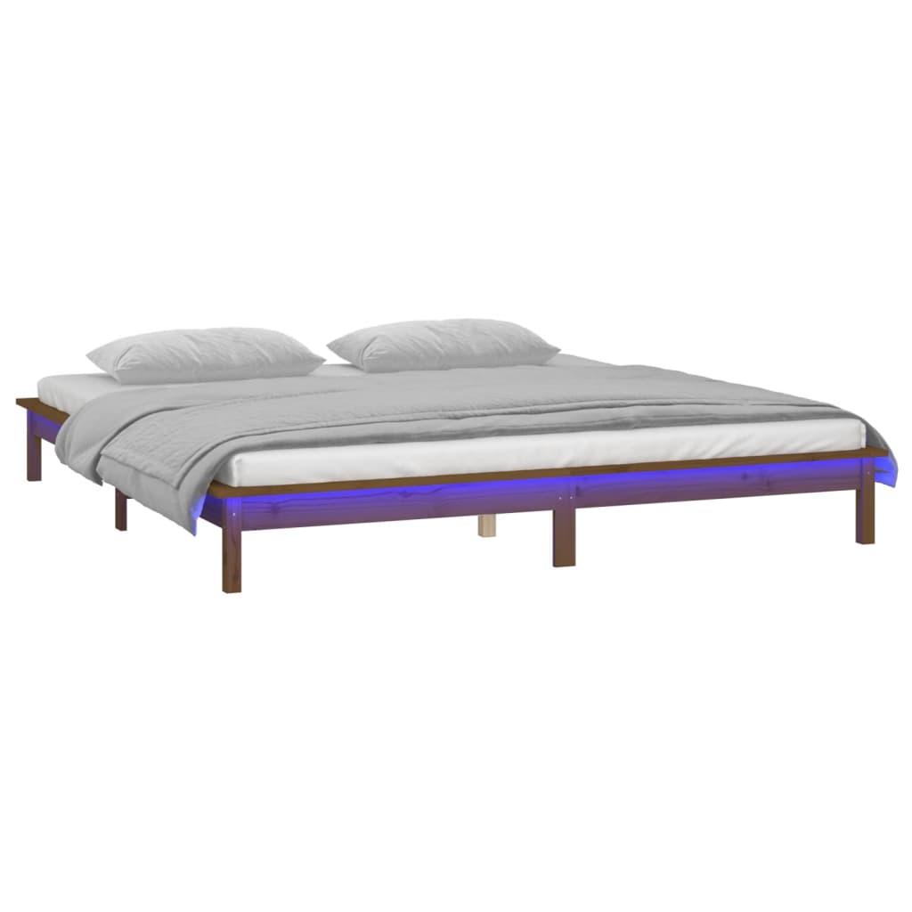 Honey Brown Solid Wood LED Bed Frame 120x190cm - No Mattress