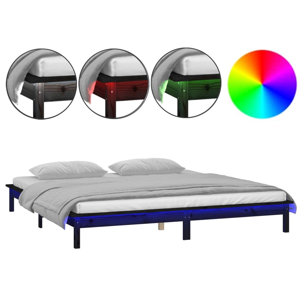 Black Solid Wood LED Bed Frame 120x190 cm - Small Double