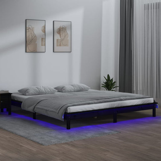 Black Solid Wood LED Bed Frame 120x190 cm - Small Double