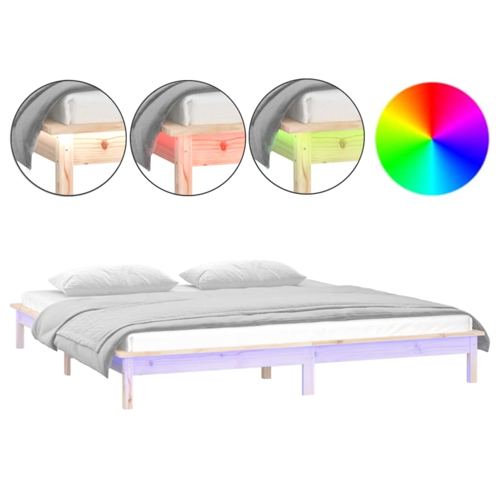 Solid Wood LED Bed Frame 135x190 cm - Double Size, No Mattress