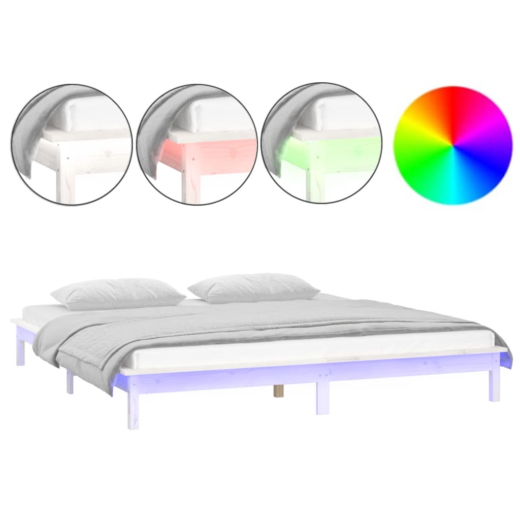 White Solid Wood LED Bed Frame - Double 135x190 cm (Mattress Not Included)