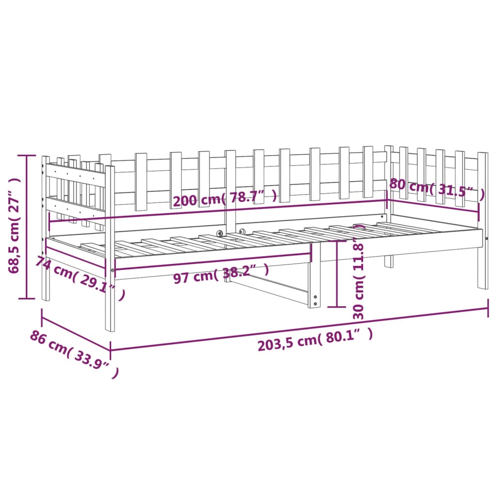 Solid Pine Grey Day Bed Frame 80x200 cm - No Mattress Included