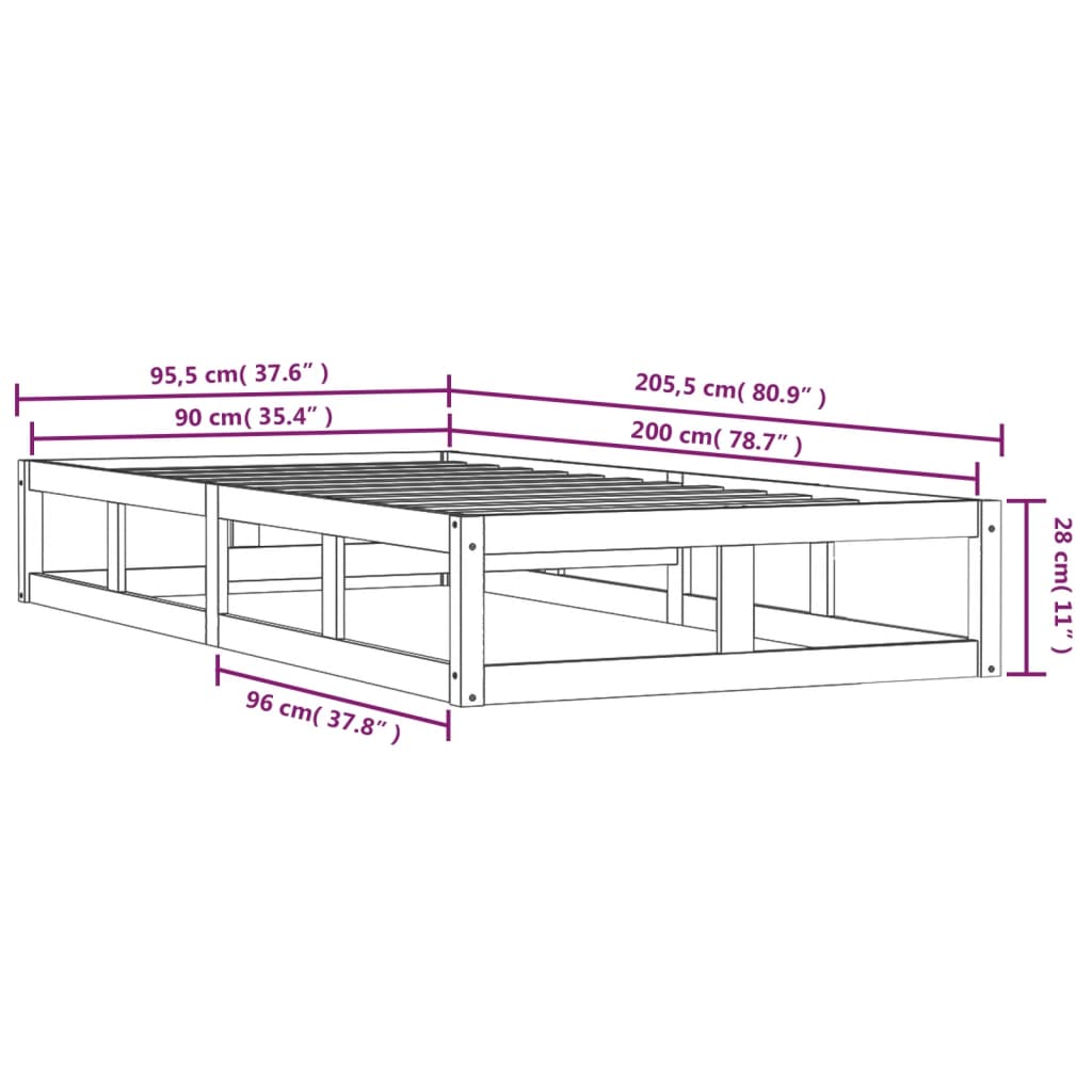 Solid Wood Bed Frame 90x200 cm - No Mattress Included