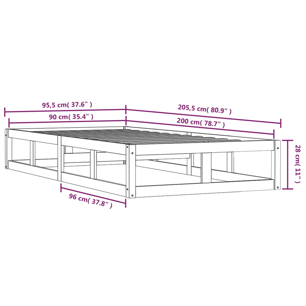 White Solid Wood Bed Frame 90x200 cm - No Mattress Included