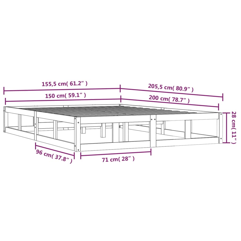 Solid Wood Grey King Size Bed Frame 150x200 cm - No Mattress Included