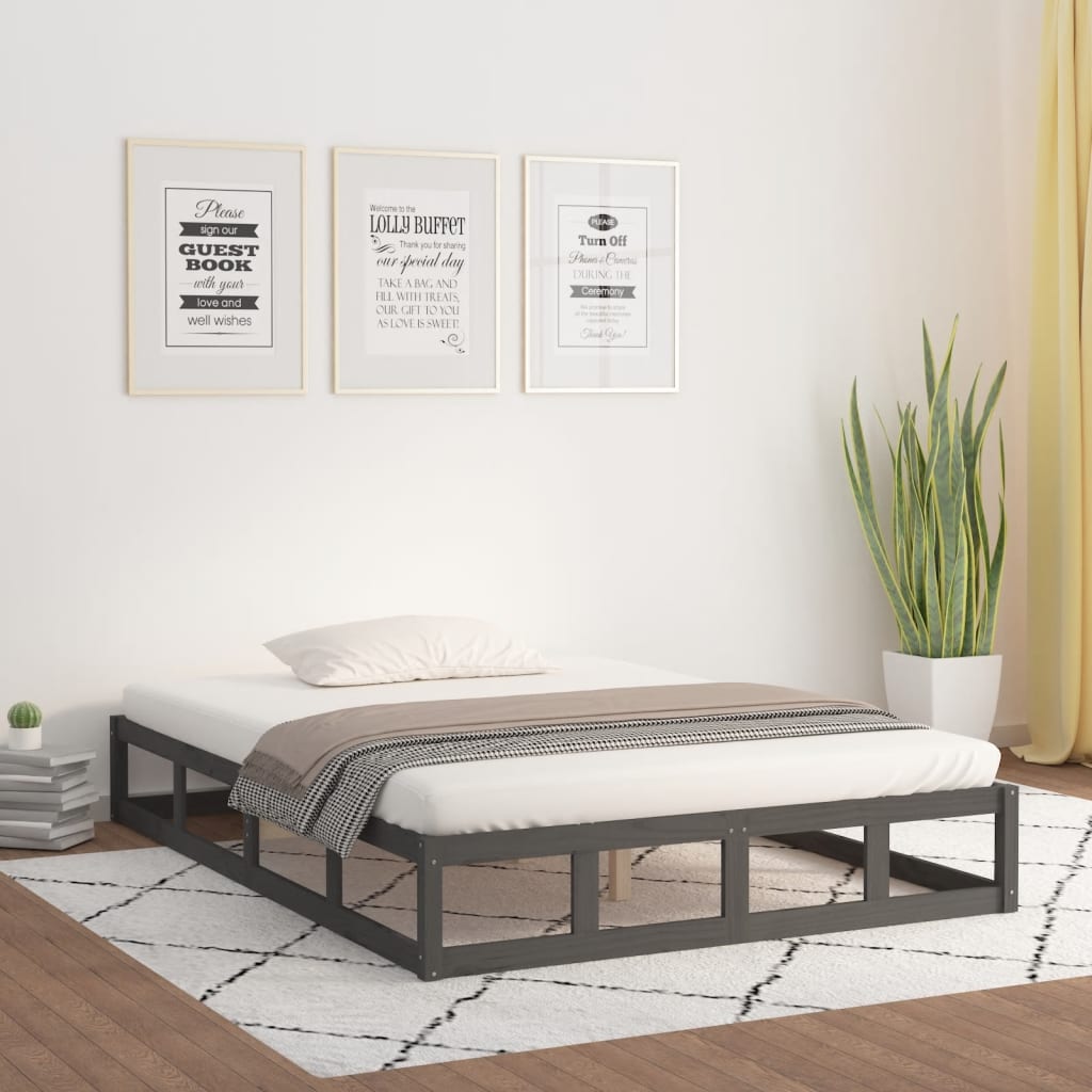 Solid Wood Grey King Size Bed Frame 150x200 cm - No Mattress Included