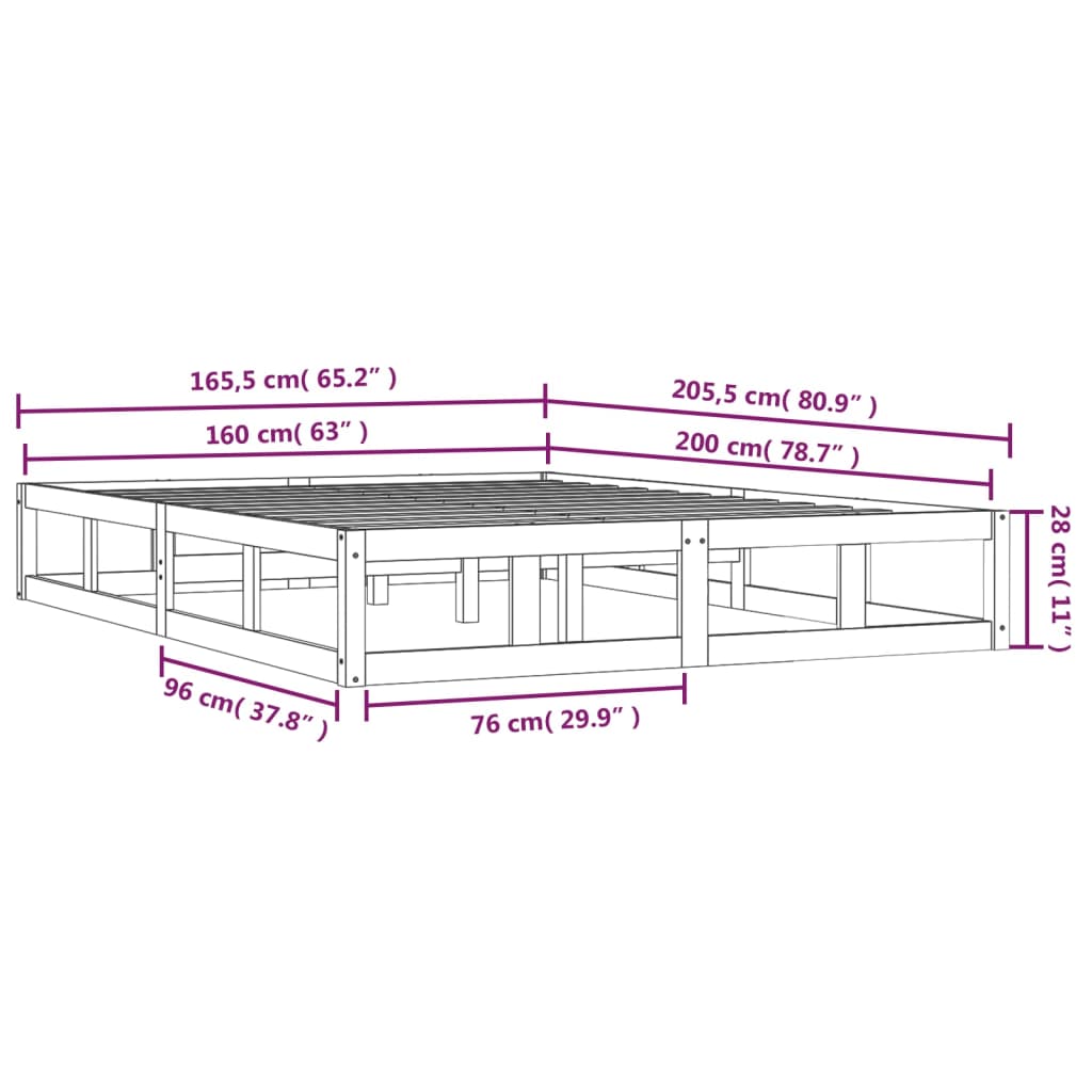 Solid Wood Bed Frame 160x200 cm - Sturdy, Mattress Not Included