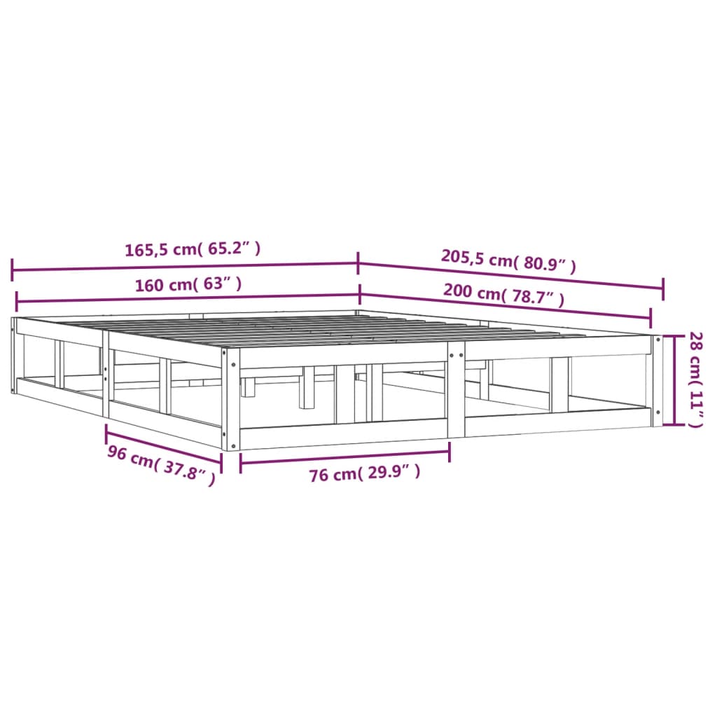 Solid Wood Black Bed Frame 160x200cm - No Mattress Included