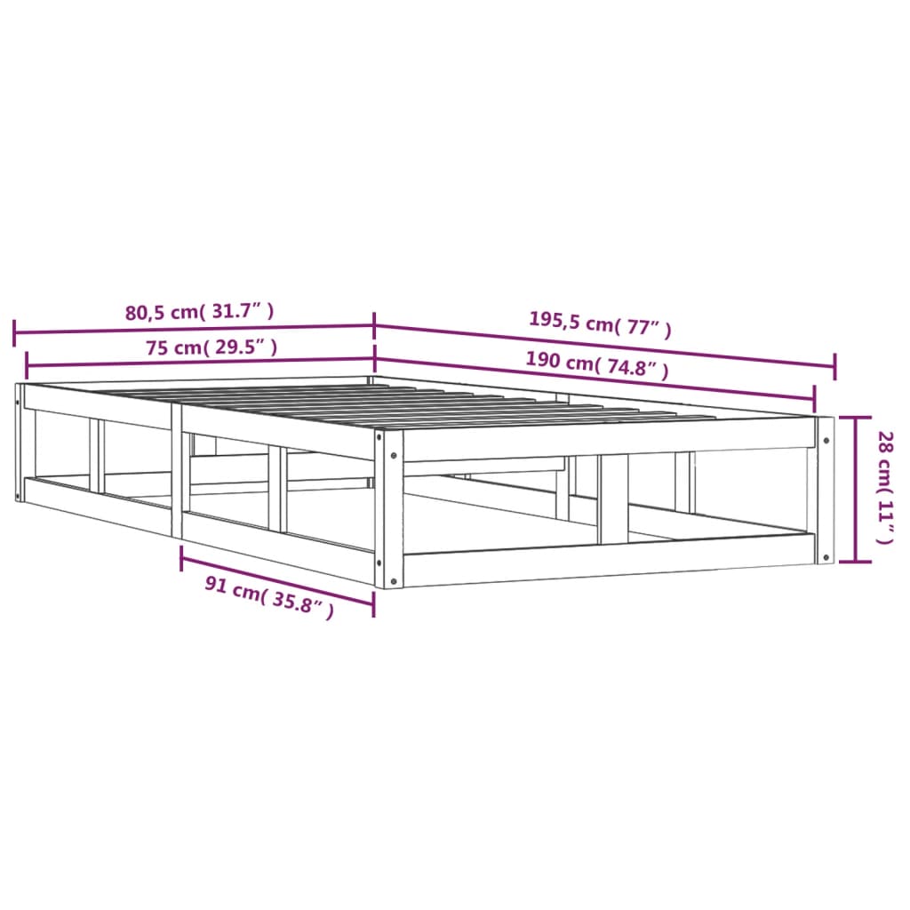 Solid Wood White Bed Frame 75x190 cm - Small Single (No Mattress)