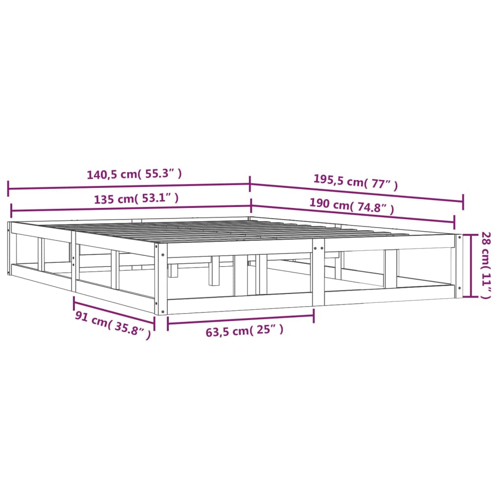 Solid Wood Double Bed Frame 135x190 cm - No Mattress Included