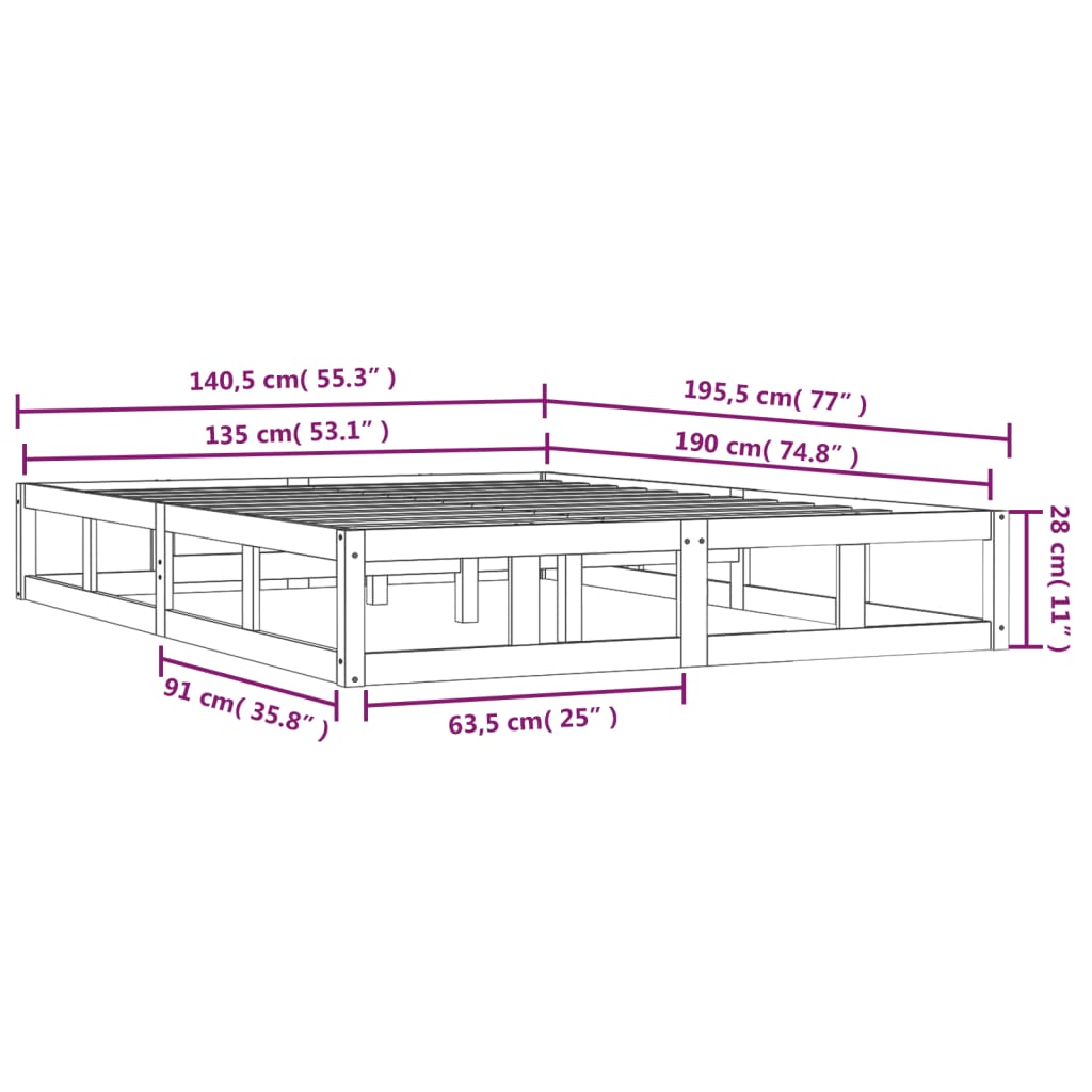 Solid Wood White Double Bed Frame 135x190 cm - No Mattress Included