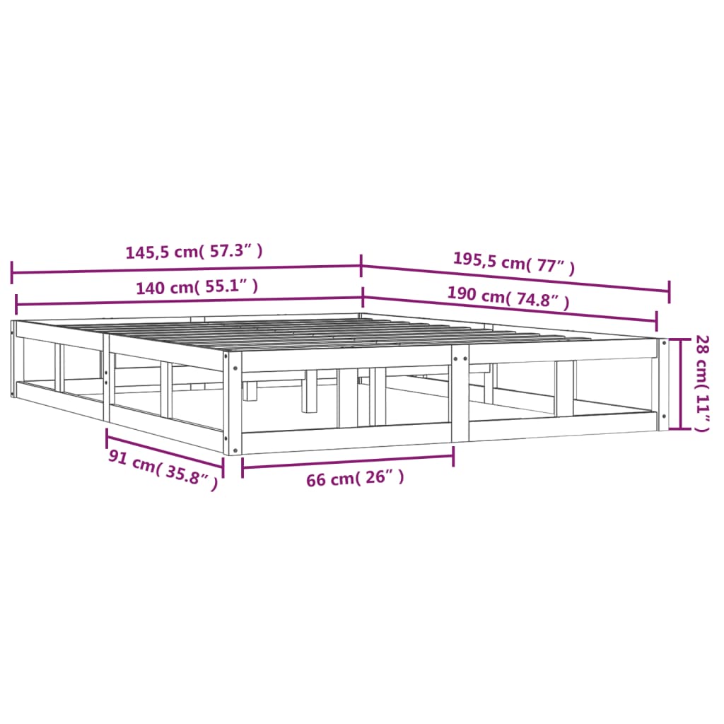 Solid Wood Bed Frame 140x190 cm - No Mattress Included