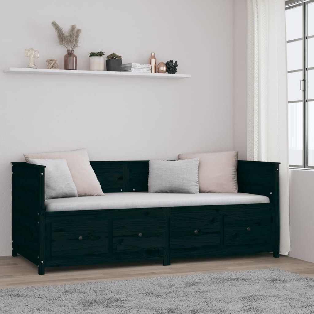 Solid Pine Day Bed Frame 80x200cm - Sleek Black Finish