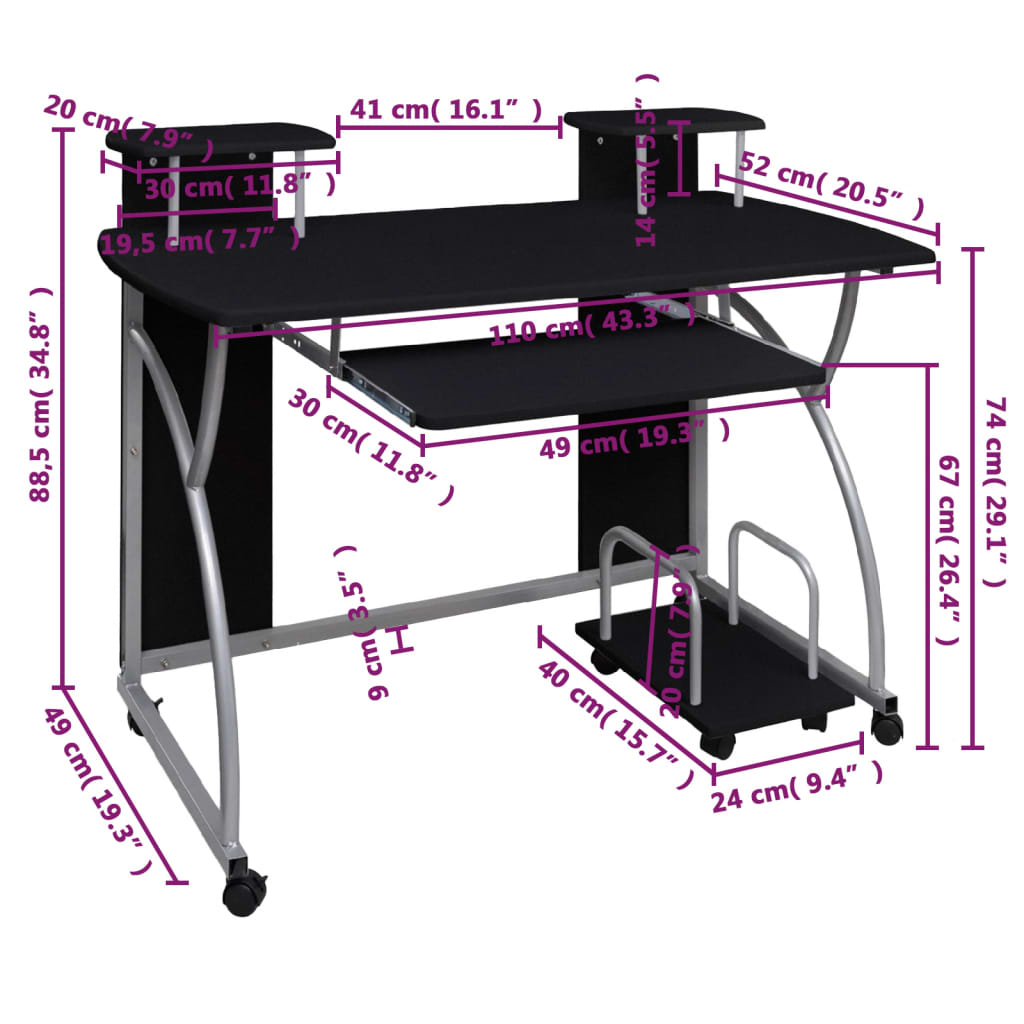 Sleek Black Engineered Wood Computer Desk - 110x52x88.5 cm