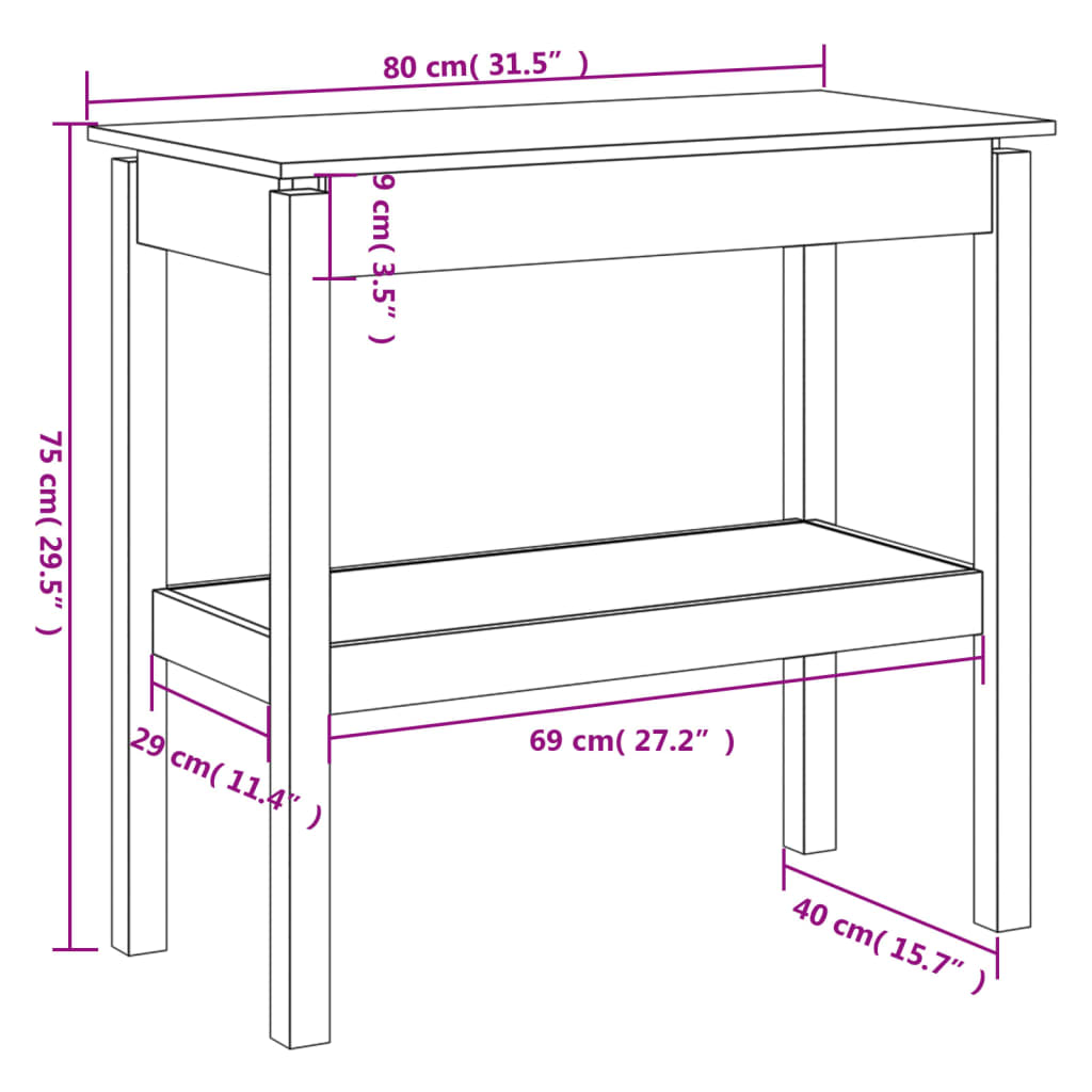 White Solid Pine Wood Console Table - 80x40x75 cm