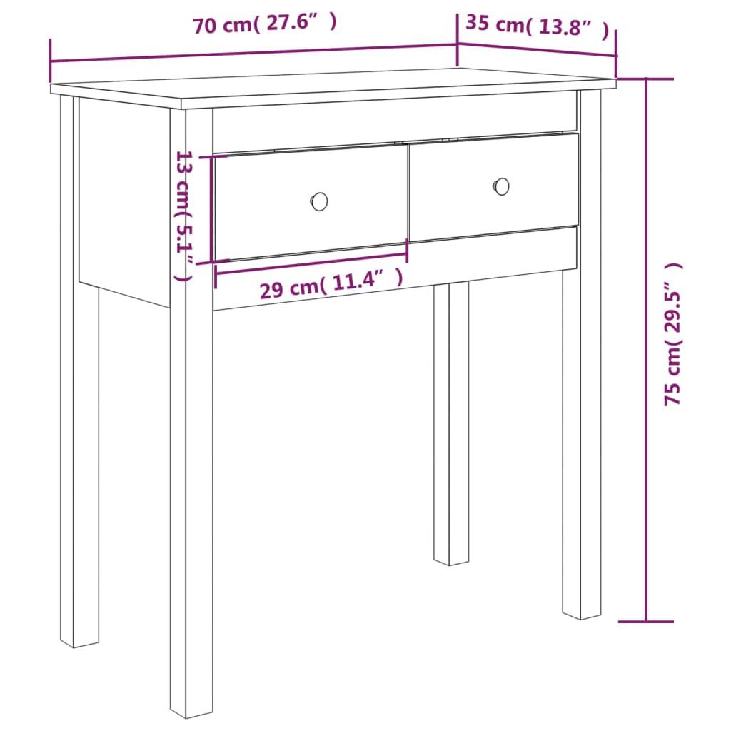 White Solid Pine Wood Console Table - 70x35x75 cm