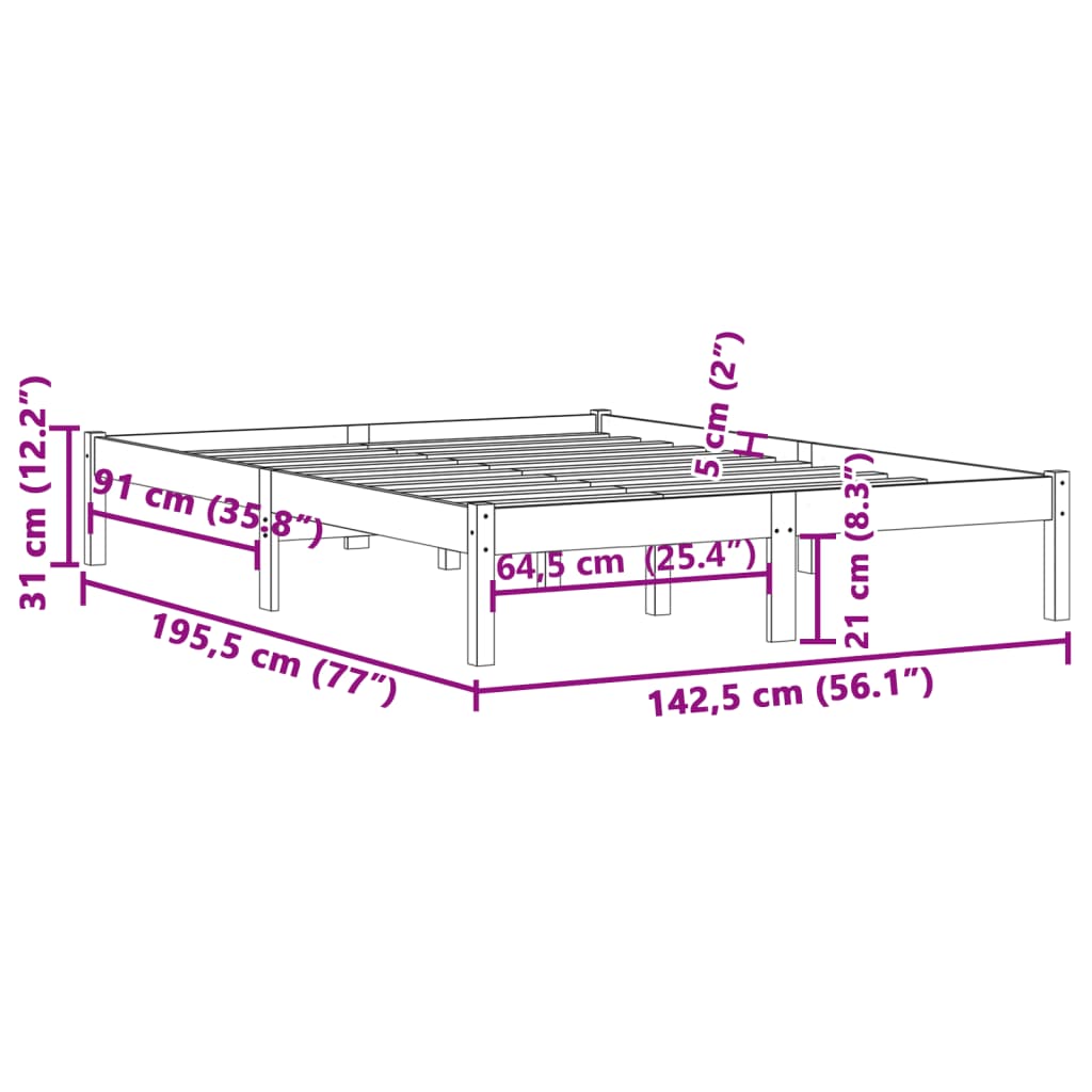 Solid Pine Wood Bed Frame 137x190 cm - Full Size, No Mattress Included