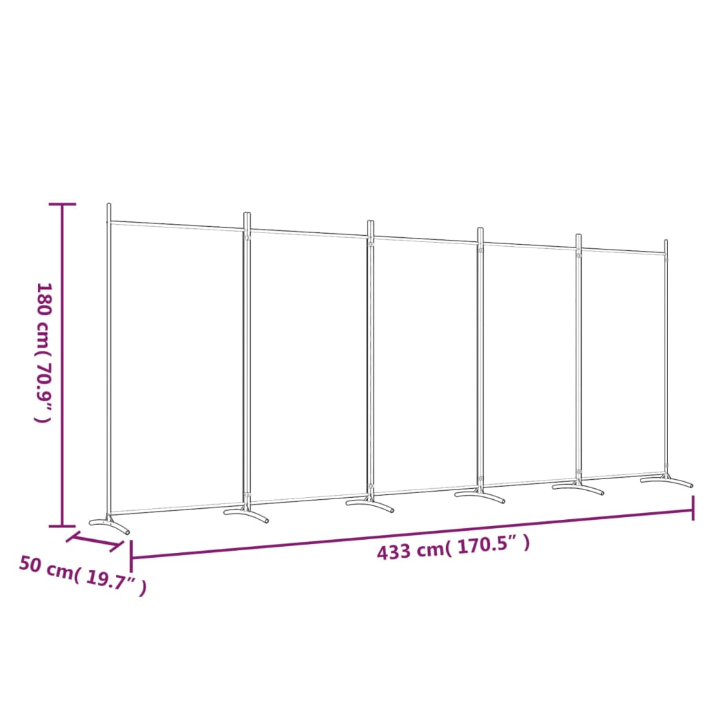White 5-Panel Room Divider, Fabric, 433x180 cm