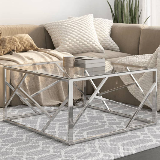 Coffee Table Silver Stainless Steel and Tempered Glass