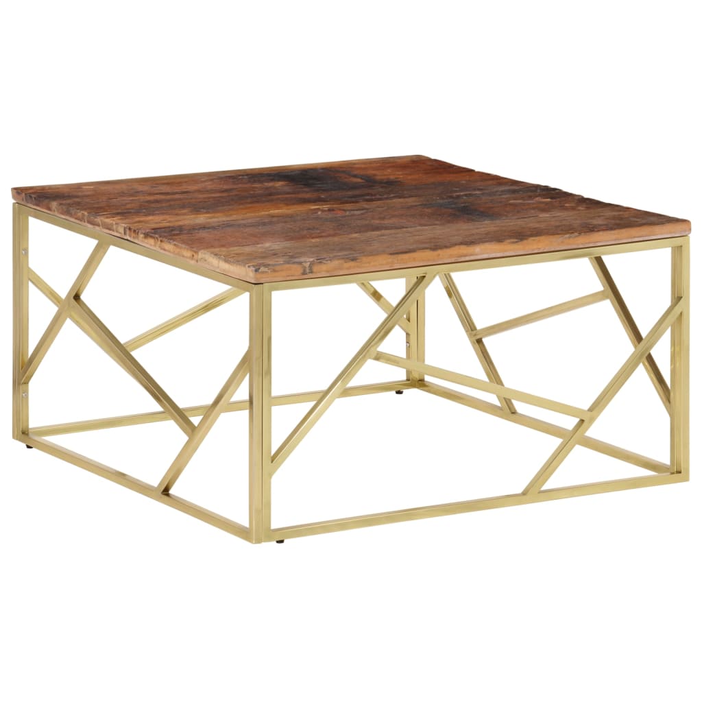 Coffee Table Gold Stainless Steel and Solid Sleeper Wood