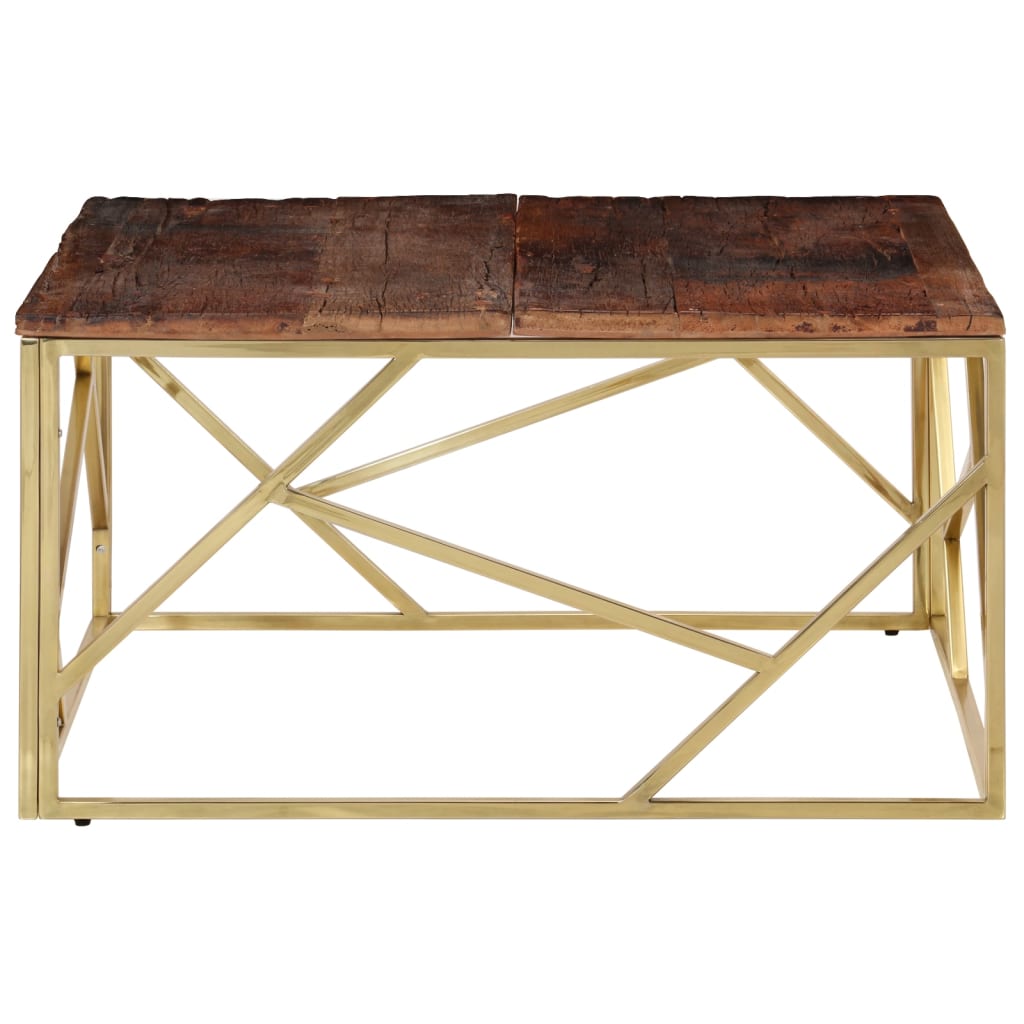 Coffee Table Gold Stainless Steel and Solid Sleeper Wood