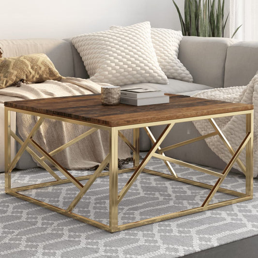 Coffee Table Gold Stainless Steel and Solid Sleeper Wood